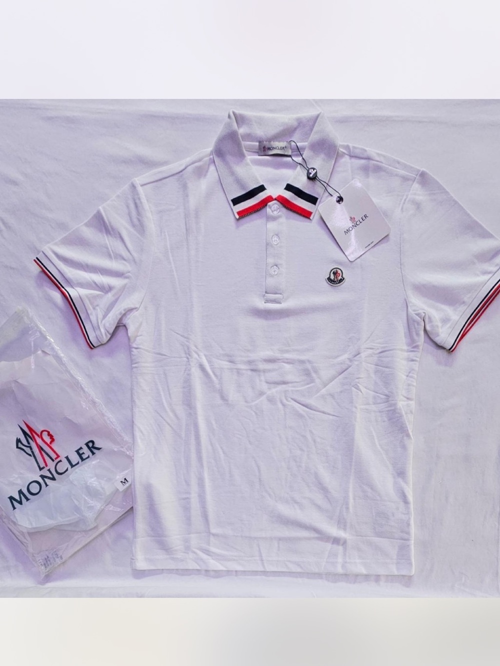 Moncler White Polo with Tricolor Red-Navy-Black Collar Trim